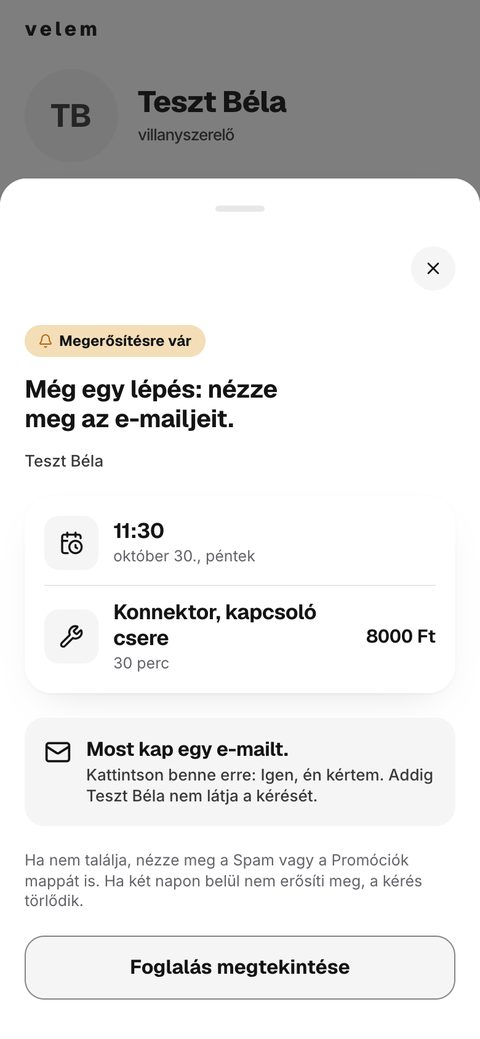 A kérés elment, az ügyfél e-mailben megerősíti.
