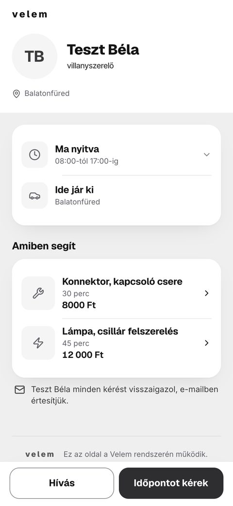 Egy villanyszerelő kész foglalási oldala a telefonon.