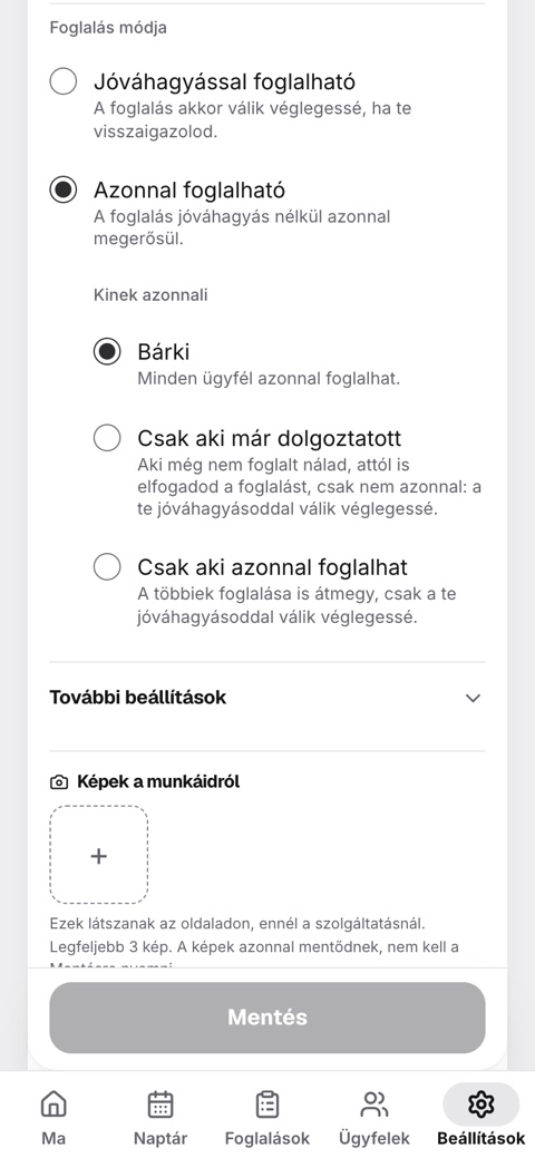 A szolgáltatás szerkesztőjében az Azonnal foglalható van kijelölve, alatta a Kinek azonnali választás látszik.