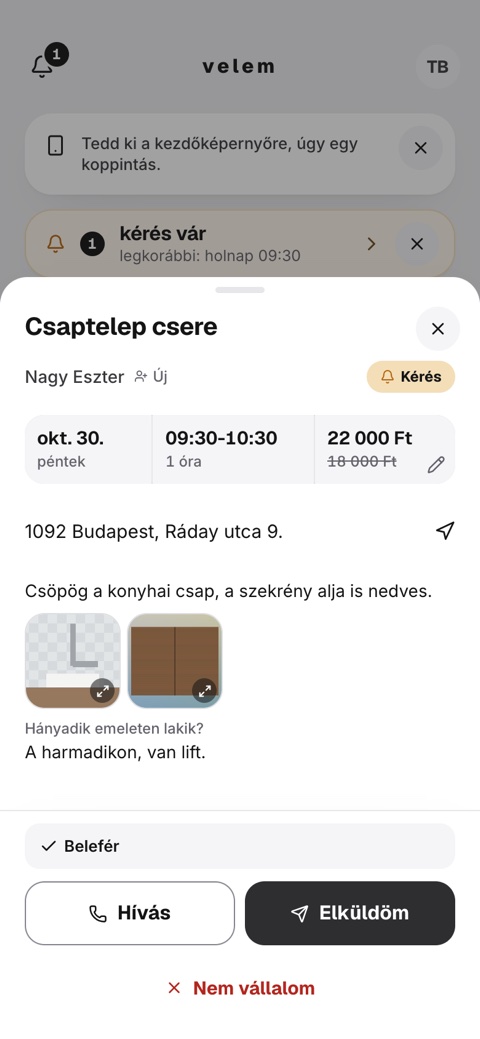 A kérés részletein a magasabb új ár látszik, alatta az Elküldöm gomb.