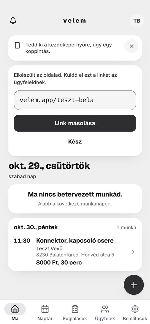 A visszaigazolt munka a Ma képernyőn.