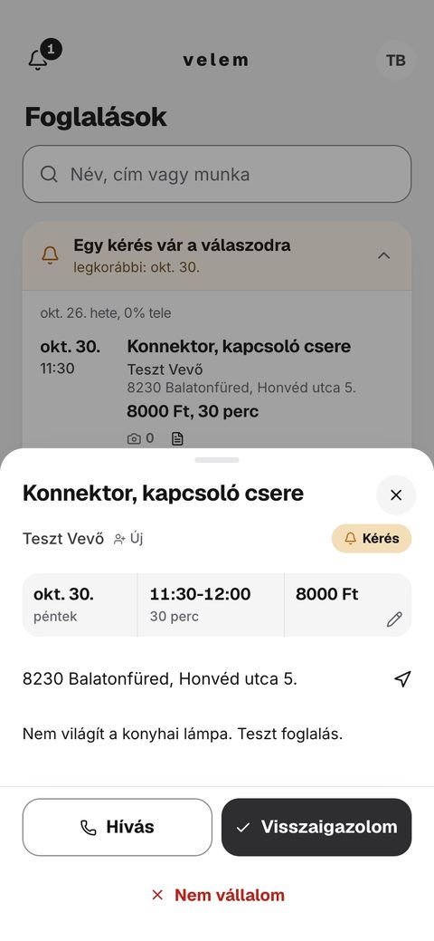 A kérés részletei, Visszaigazolom gomb.
