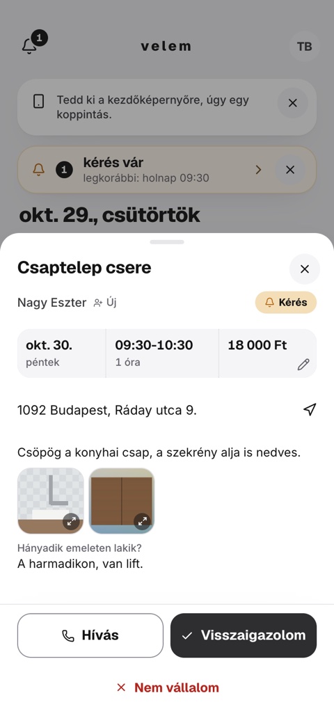 A kérés részletein két ügyfélfotó és a kérdésre adott válasz látszik.